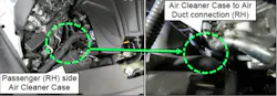 Example right (passenger) side air cleaner case and air cleaner case to air duct connection.