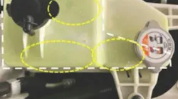 Example of coolant reserve tank leak areas (see circled in yellow).
